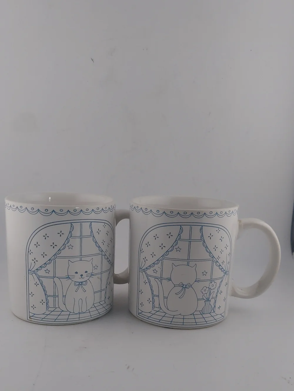 Vintage White Mugs with Light Blue Cat Print - Set of 2